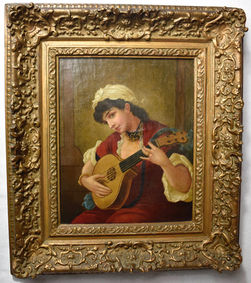 Young Girl in a red dress with a head covering stares outward at the viewer while playing a lute.