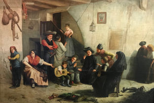 Ornate framed oil painting featuring different age family members interacting in a naturally lit room by artist Jules Worms.  Collector Fine Art Auctions 2023
