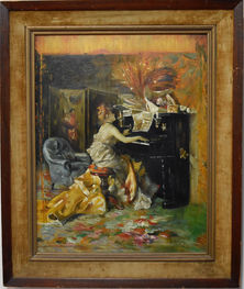 A framed energetic oil painting  showing a female figure singing and playing a piano by artist Giovanni Boldini.  Collector Fine Art Auctions 2023