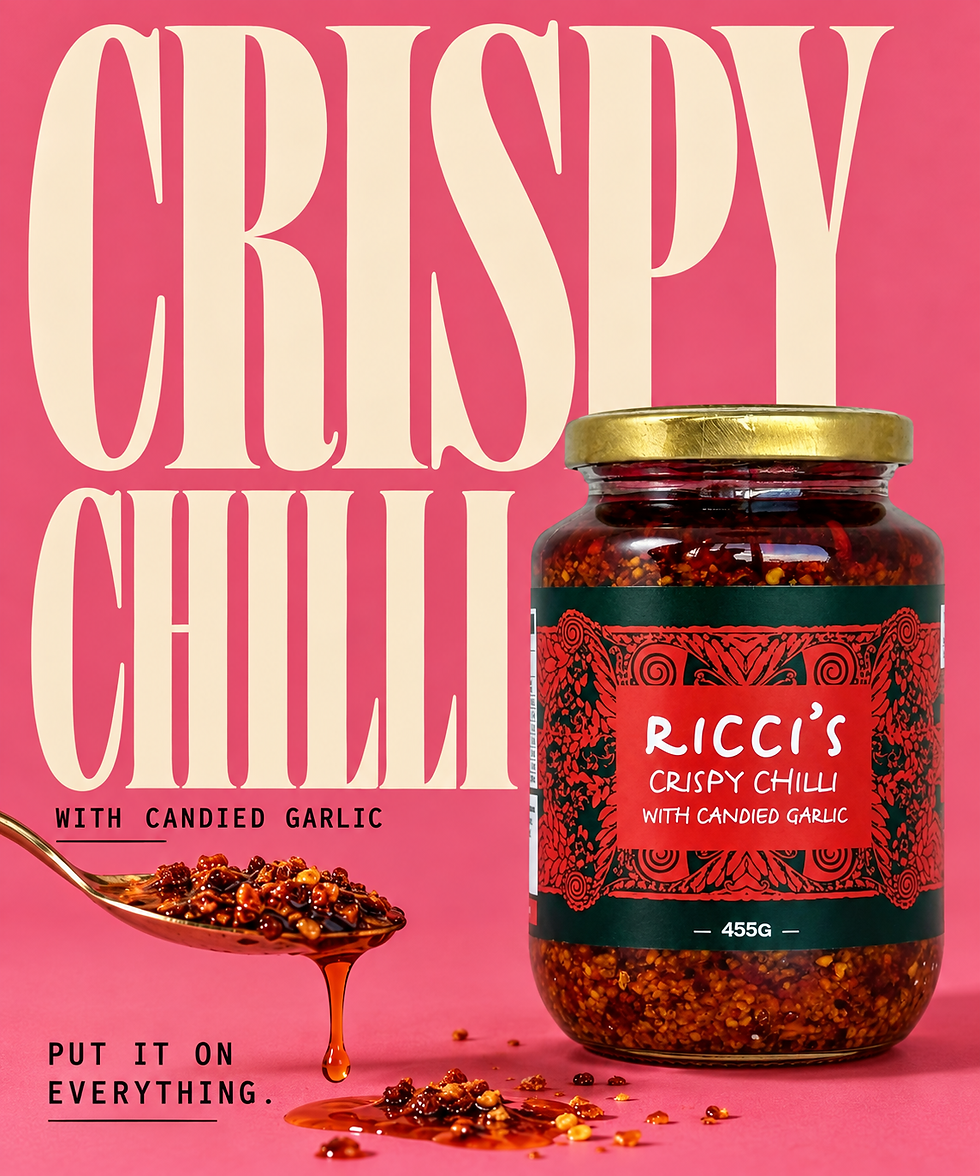 Pink ad for Ricci's Crispy Chilli jar and spoon; text says CRISPY CHILLI, with candied garlic, Put it on everything.