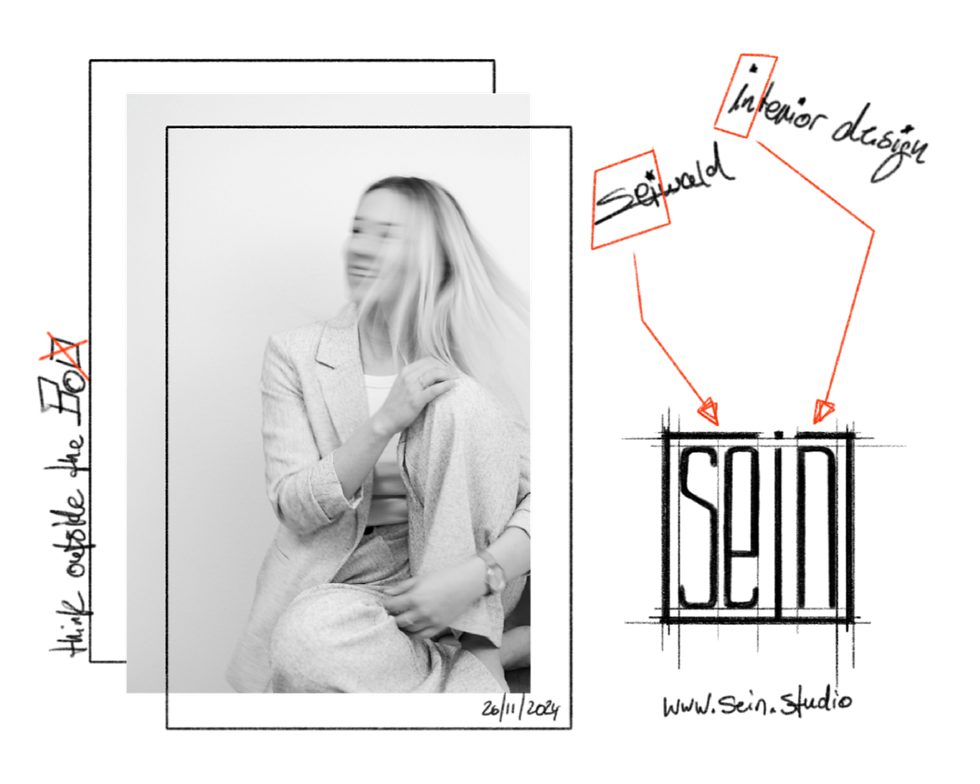Grafikdesign mit unscharfem Schwarz-Weiß-Foto von Hanna Seiwald, Text ("Interior Design", "Seiwald", "think outside the BOX"), Logo "SEIN" und roten Verbindungslinien.