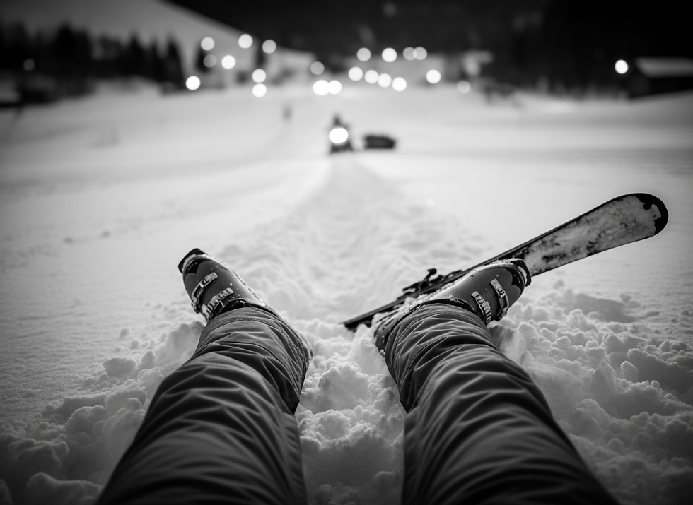 Skiunfallszene mit Bergrettung: Eine Person liegt nach einem Skiunfall im Schnee. Im oberen Bildteil ist im Bokeh-Effekt die Bergrettung auf dem Weg zur Unfallstelle erkennbar, was Hoffnung symbolisiert.