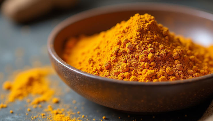 Eye-level view of bright yellow turmeric powder in a ceramic bowl