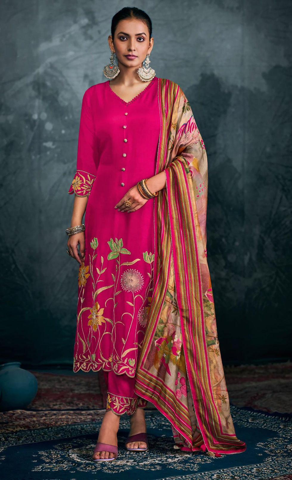 Thumbnail: Exclusive Bemberg Silk Suit with Embroidered Sleeves and Daman