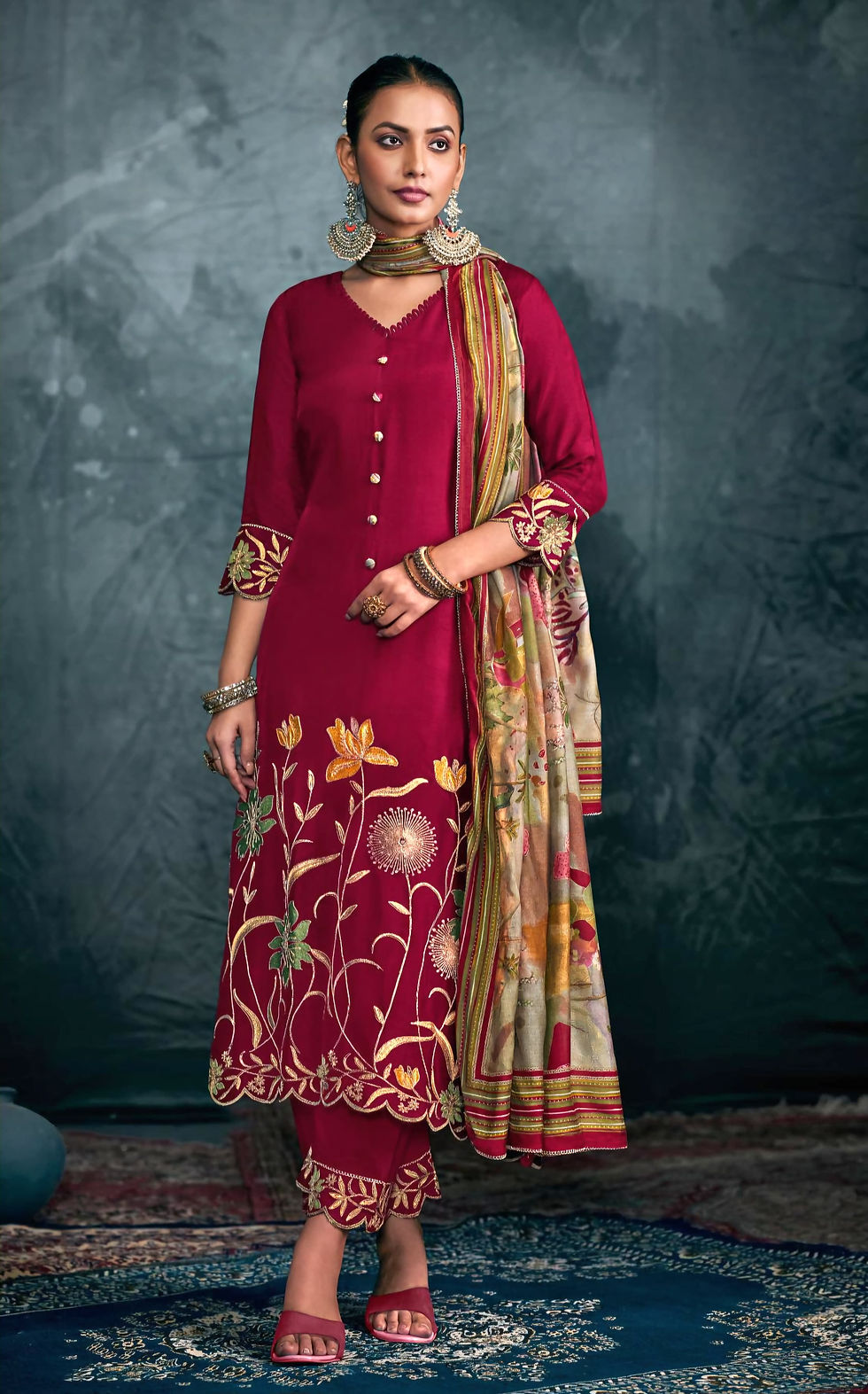 Thumbnail: Exclusive Bemberg Silk Suit with Embroidered Sleeves and Daman