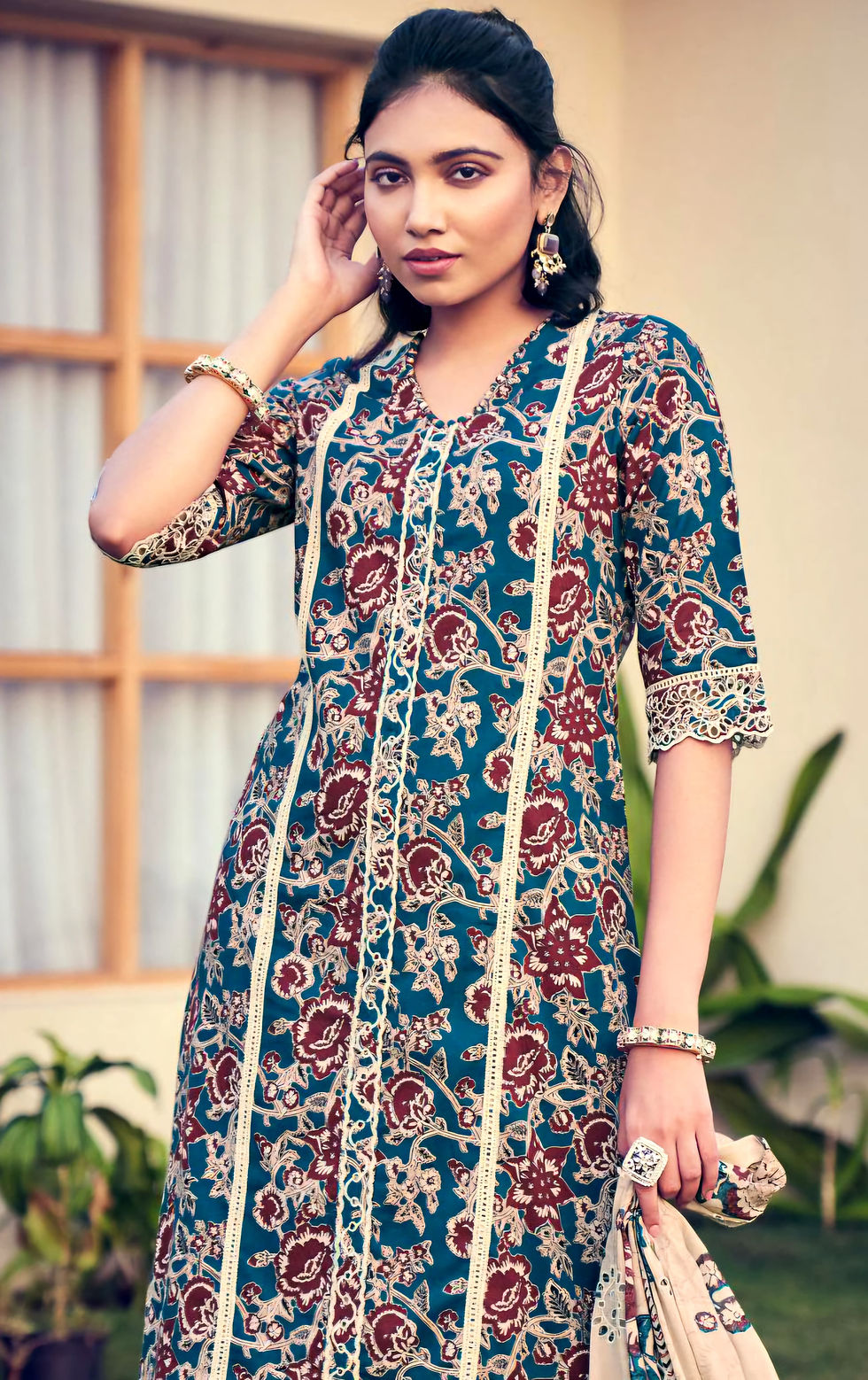 Thumbnail: Elegant Maroon Block Printed Cotton Suit Set with Embroidered Lace