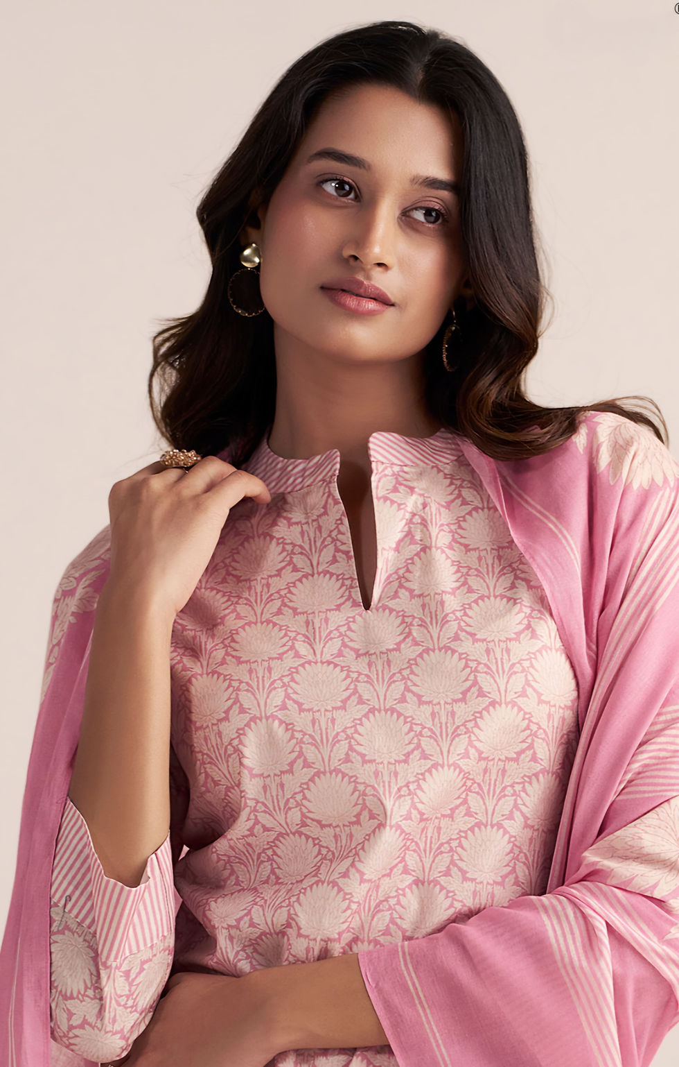 Thumbnail: Pastel Green Floral Printed Cotton Suit Set with Mal Cotton Dupatta