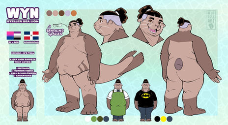 This character sheet showcases my fursona, Wyn, a big, fat-bodied Steller sea lion barista. The illustration features a clear quarter view and a back view. At the top, there are two headshots: one in profile that captures his thoughtful expression and another in a joyful quarter view with his mouth open in a happy smile.
At the bottom, there are three chibi versions of Wyn facing forward. The chibi on the left is naked, while the other two are dressed: one in his barista outfit with a green apron, and the other in a casual fit, consisting of light blue pants and a black shirt with the yellow Batman insignia.
To the left, details are listed that include Wyn's name and species type, along with two flags: a bi-ace flag and a Dominican Republic flag. Below these facts, his pronouns are listed as he/him, his height is 6'5", and he enjoys Batman, horror media, fall and Halloween, and backpacks.