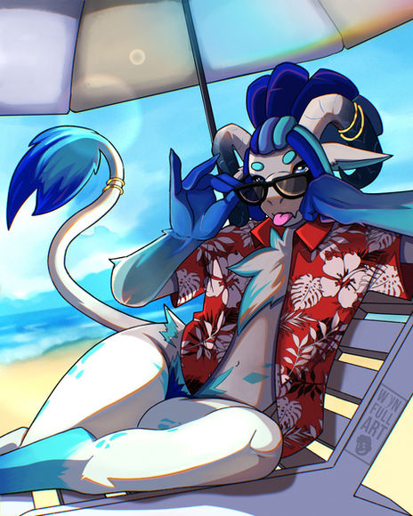 This illustration portrays Aqua, an anthropomorphic ungulate owned by @Hydro19, reclining seductively on a beach chair and adjusting his sunglasses beneath an umbrella by the shore.