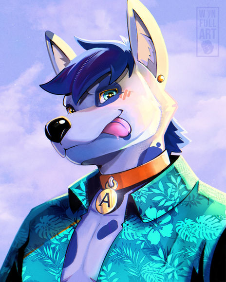 Secret Santa gift for @nerviousdeer. The illustration features Asher (He/Him), a Dalmatian/Wolfdog, dressed in a blue floral shirt and an orange collar with a tag embroidered with an 'A'. The background has a gentle blue sky, and Asher is playfully sticking his tongue out at the viewer. Soft sunlight from off-screen is shining from behind him, catching the sparkle of the collar.