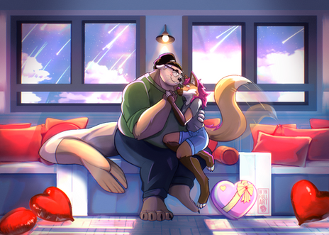 A Valentine's Day piece for @wulvez from @wynfullart. 
Wyn (large sea lion) tenderly holds Wulvez (maned wolf) on his lap. They sit in a train car adorned with plush red pillows and heart-shaped throw balloons on the ground. Beside them is a pink heart-shaped box of chocolates with a gold bow propped up against the seat. Outside the windows, a stunning skyline glimmers under a shower of shooting stars.