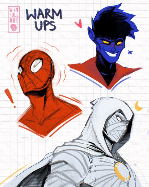 A sketch page with rough headshot doodles of Marvel’s Nightcrawler, Spider-Man, and Moon Knight.