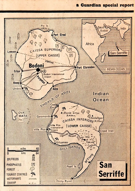 In 1977, the British newspaper The Guardian published a seven-page travel supplement on the fictional island nation of San Serriffe. The supplement included articles about the country's geography, history, ad culture, and advertisements for local businesses. The elaborate hoax fooled many readers, and they even contacted the paper for more information about the supposed island nation.