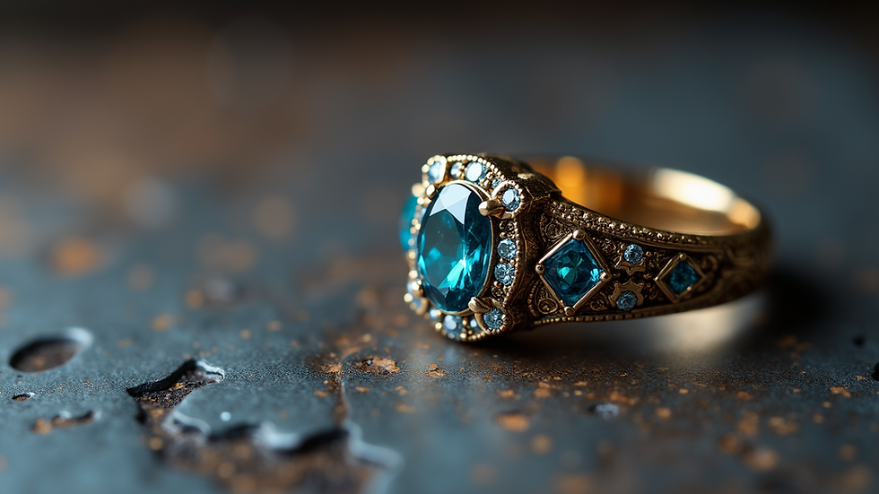 Close-up view of a custom gemstone ring with intricate design