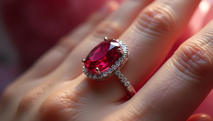 Eye-level view of a red beryl ring set in a silver band on a dark background