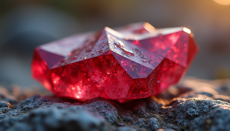 Close-up view of a red beryl crystal embedded in a rocky matrix