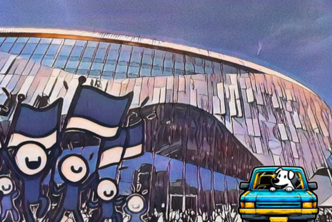 Hund im Auto vor dem Stadion von Tottenham.