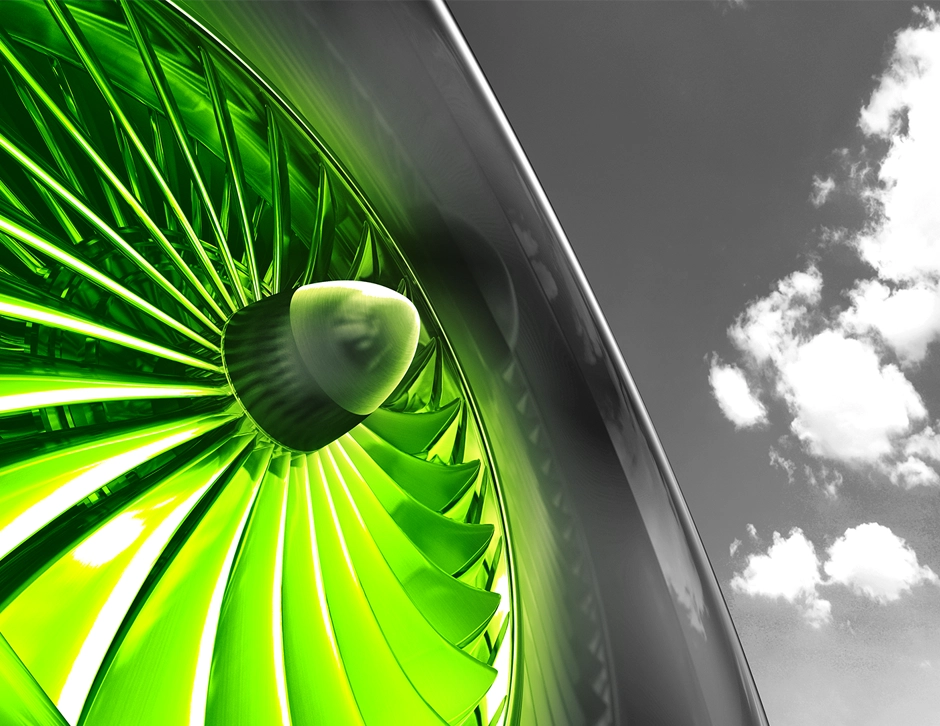 an aircraft jet engine coloured green to represent sustainable aviation fuel