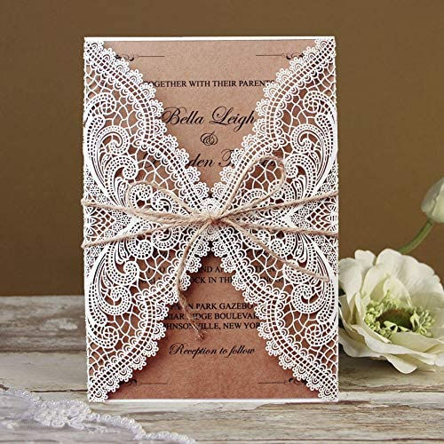 Thumbnail: PICKY BRIDE 50 PCS RUSTIC LASER CUT LACE WEDDING INVITATIONS KITS, 5" X 7.3"