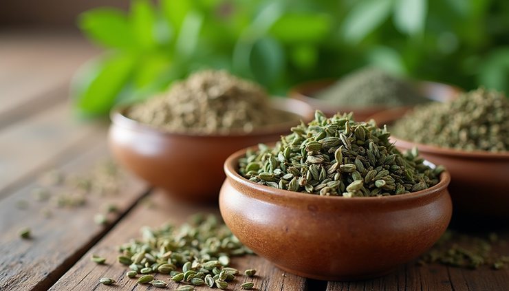 Close-up view of dried male herbs in wooden bowls on rustic table