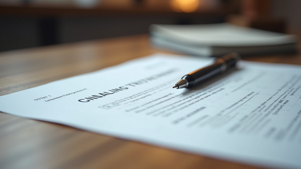 Close-up of legal documents and a pen on a wooden desk