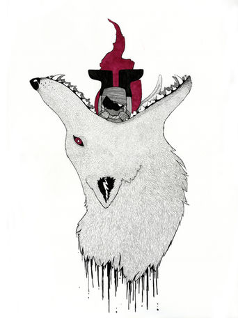 red riding hood being eaten by a severed wolf head graphic illustration