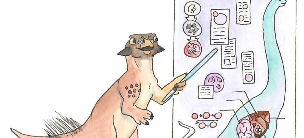 A psittacosaurus in glasses holds a pointing stick to a poster explaining sauropod digestion
