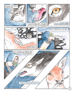 A comic of the first scene in A Court of Thorns and Roses by Sarah J. Maas, where a wolf prepares to kill a deer and a woman prepares to kill the wolf