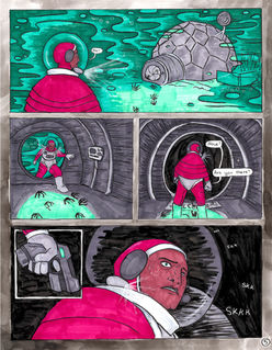 Five-panel comic (page 5). 1) Red faces a different igloo structure in the fog with non-human prints leading to its door. Red: "No -- " 2) Red enters the igloo and sees more prints and scratch marks on a device near the door. 3) The prints lead deeper in, where the door has been left open. Red: "Abue? Are you there?" 4) Close-up of Red's gun. 5) Red, in darkness. Sound effect: skk skk SKK SKKK
