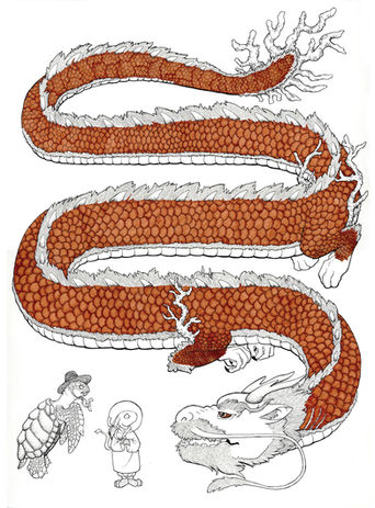 sea turtle and hare visit the Dragon King graphic illustration