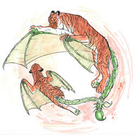 tiger manticore mother and child in ink and marker