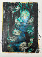 Messy collage of a forest path with a light at the end