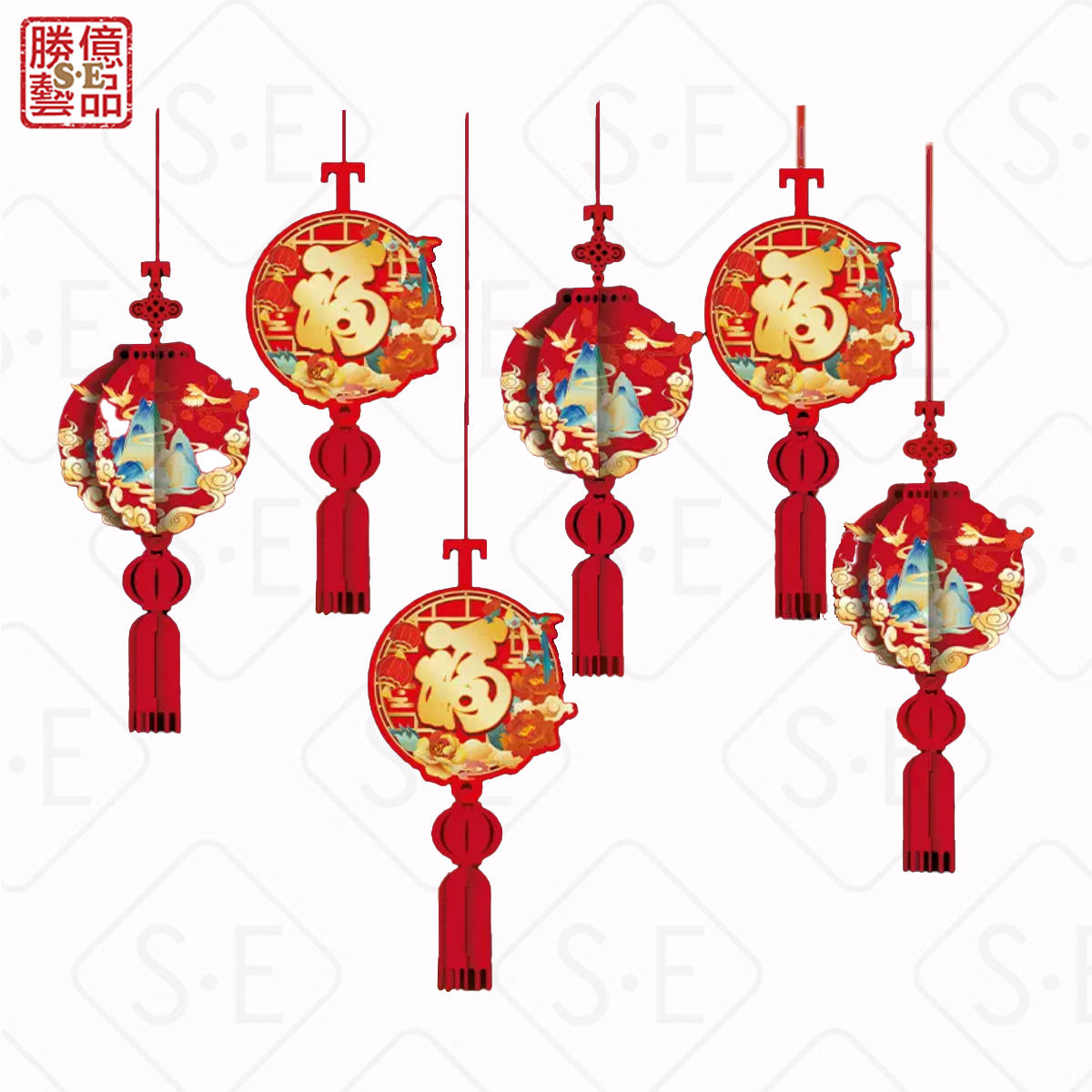 毛氈鏤空立體吊掛飾(3金福字+3山水燈籠)