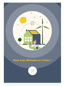 Villa à énergie passive avec éolienne et panneaux solaires qui représente l'un des avatars de l'application