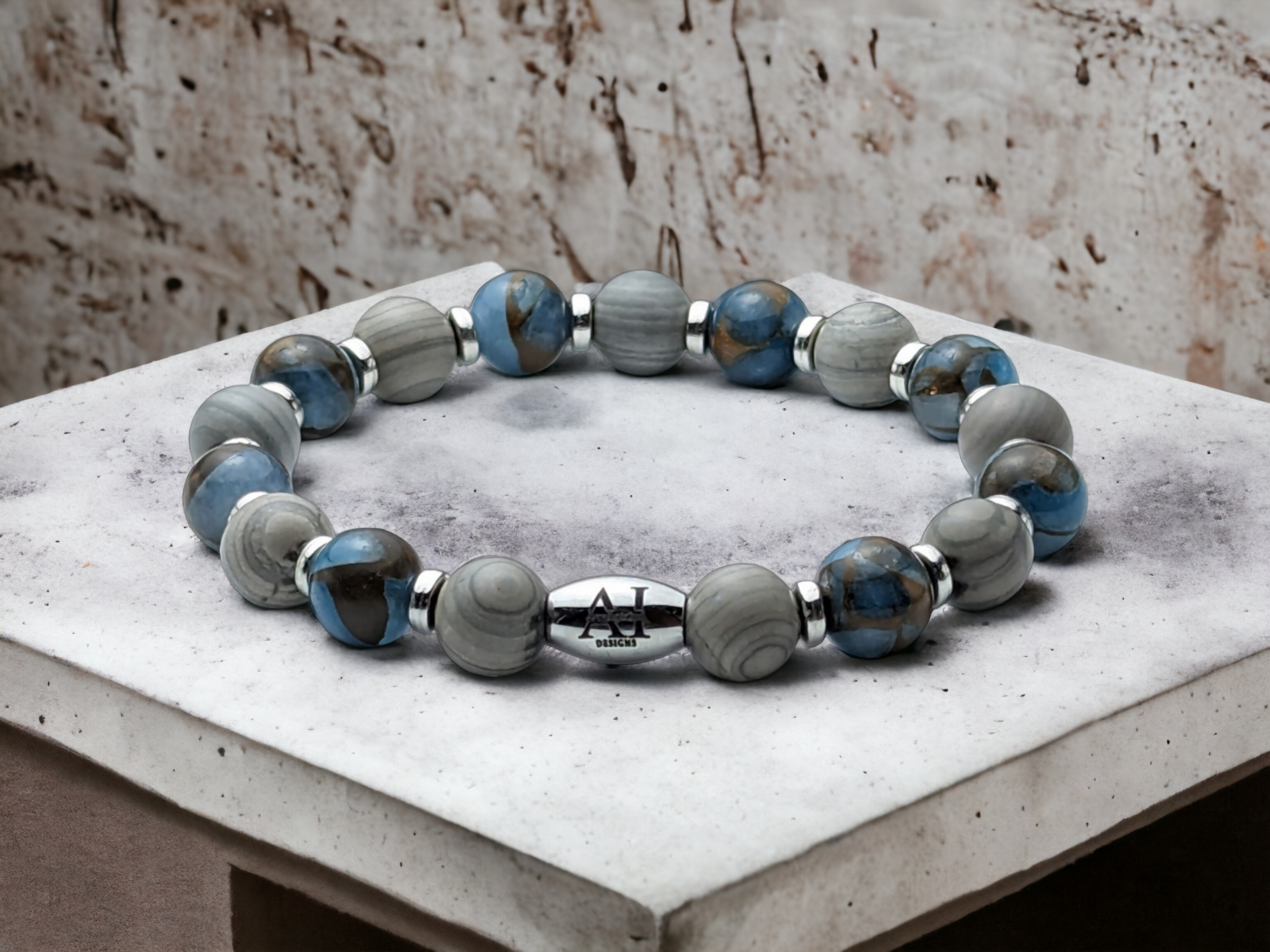 Natural Wood Striped Gray & Lake Blue Cloisonne Gemstone Bracelet
