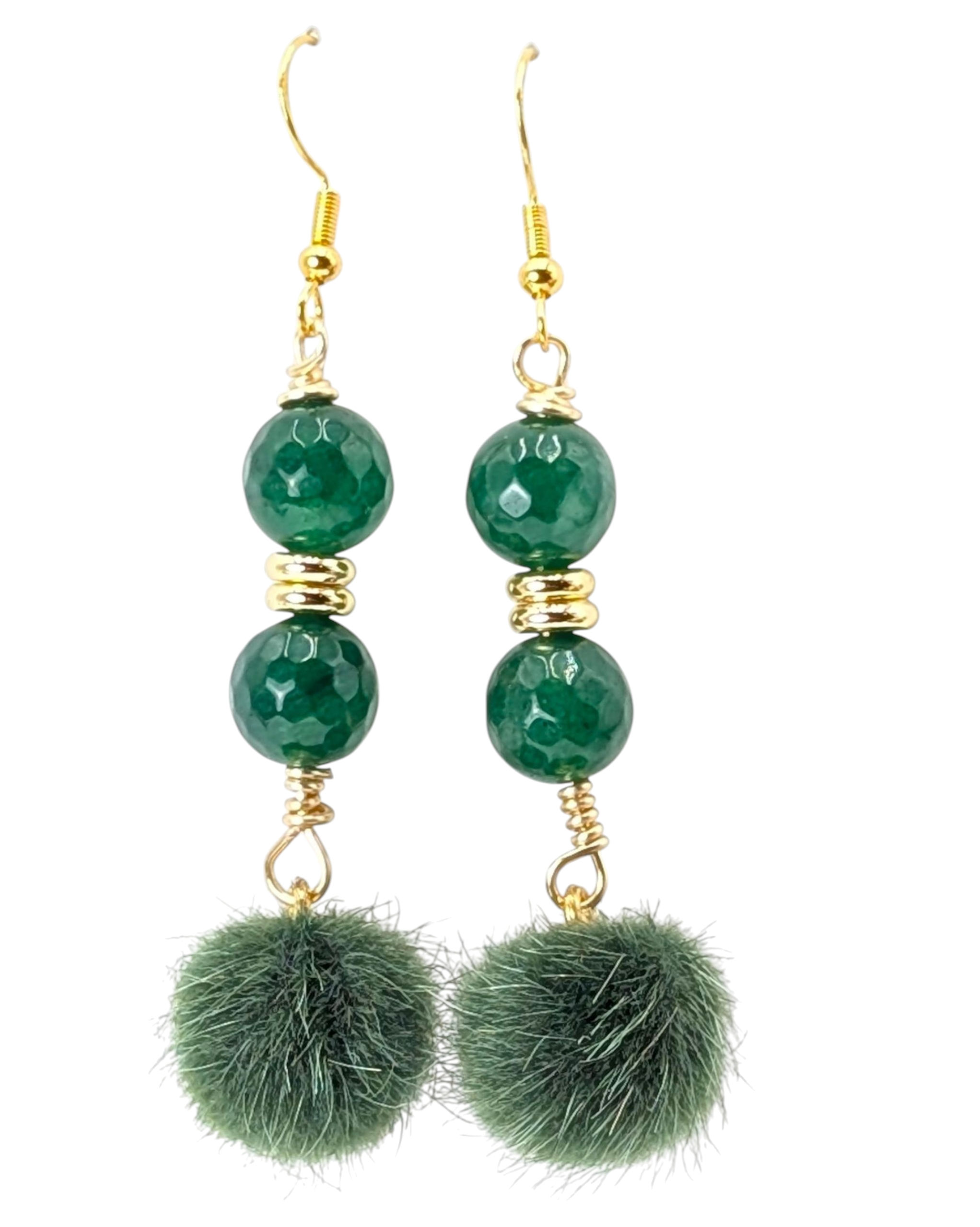 Green Jade Gemstone Pom Pom Dangle Earrings