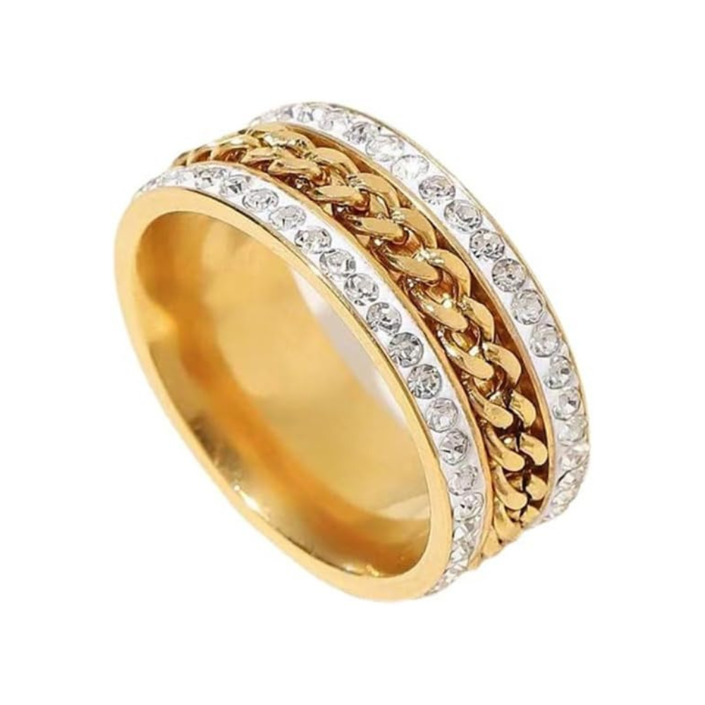 Gold and crystal chain ring with dual rows of clear stones and central braided band
