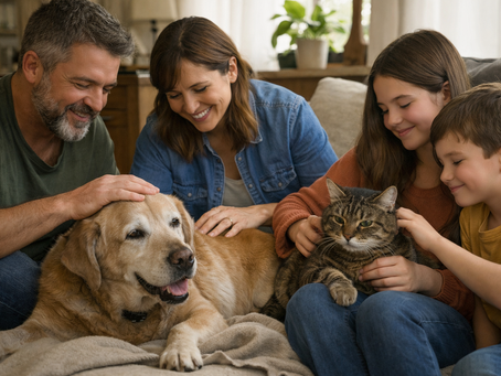 Familia con perro y gato senior
