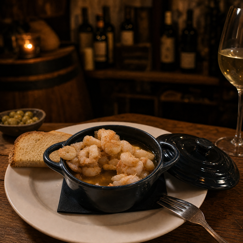 Gambas en cazuela negra con pan, copa de vino blanco y aceitunas en mesa de madera, en restaurante tenue y cálido.