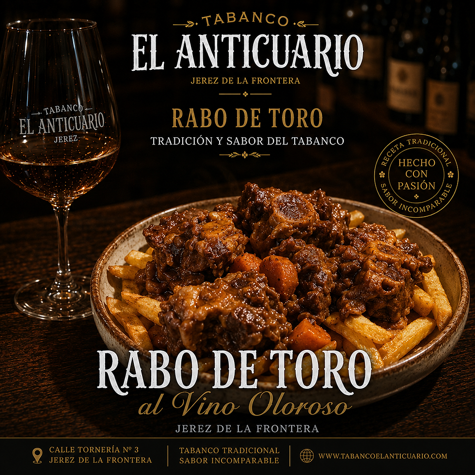 Plato de rabo de toro con patatas y vino tinto en copa, anuncio de Tabanco El Anticuario, Jerez de la Frontera.
