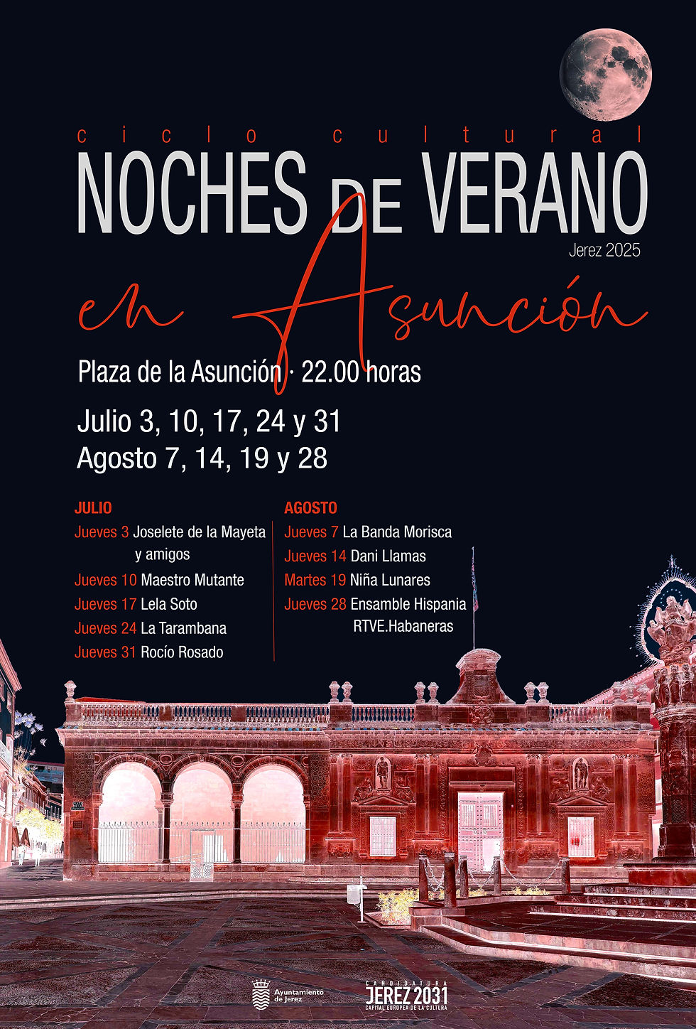 Cartel oficial del ciclo cultural Noches de Verano en Asunción – Jerez 2025, con fechas, horarios y artistas del evento