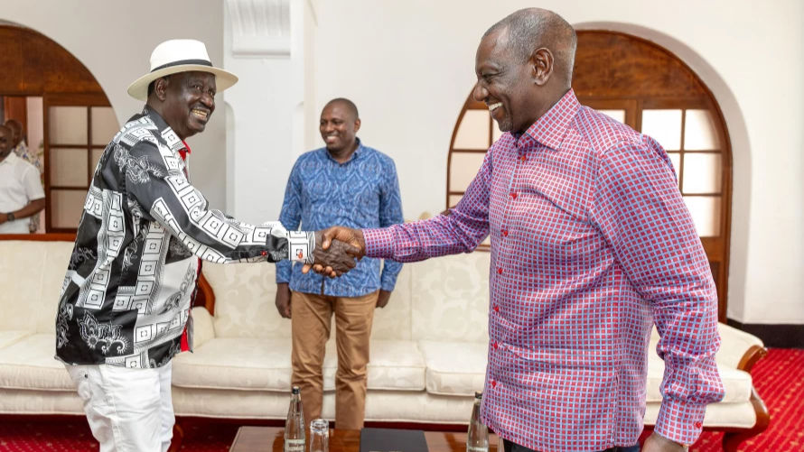 President William Ruto greets former Prime Minister Raila Odinga upon his return after his AUC loss on February 24, 2025 at State House Mombasa.