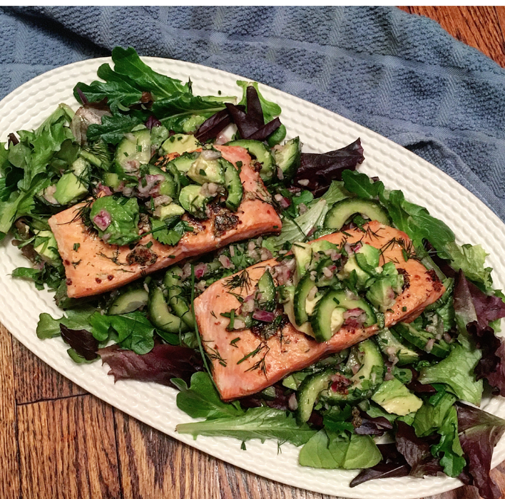 Pan Seared Salmon with Cucumber Avocado Salso