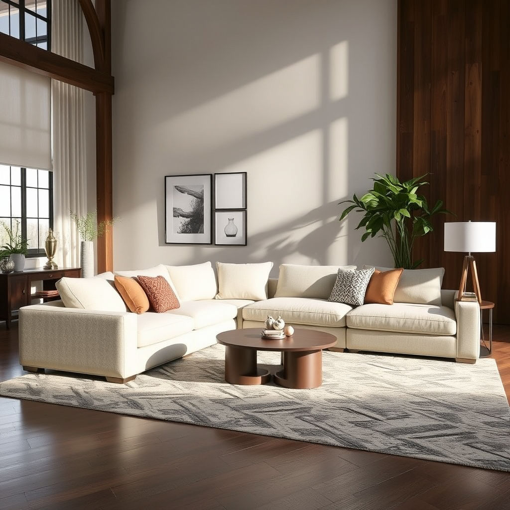Spacious living room with a large, light-colored sectional sofa.