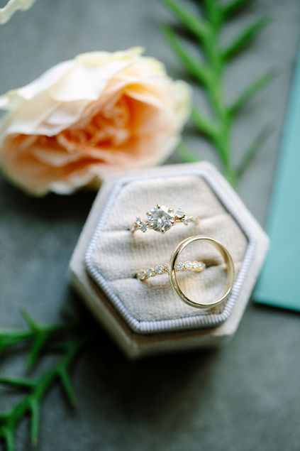 closeup of bride and grooms rings