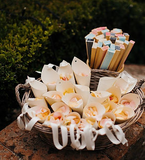 cones of flower petals and fans for guests at an outdoor destination wedding