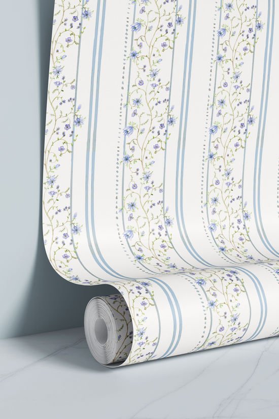 Floral watercolor wallpaper pattern with stripes