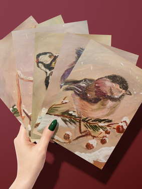 stationery, greeting cards, winter, birds, watercolor, animal illustration