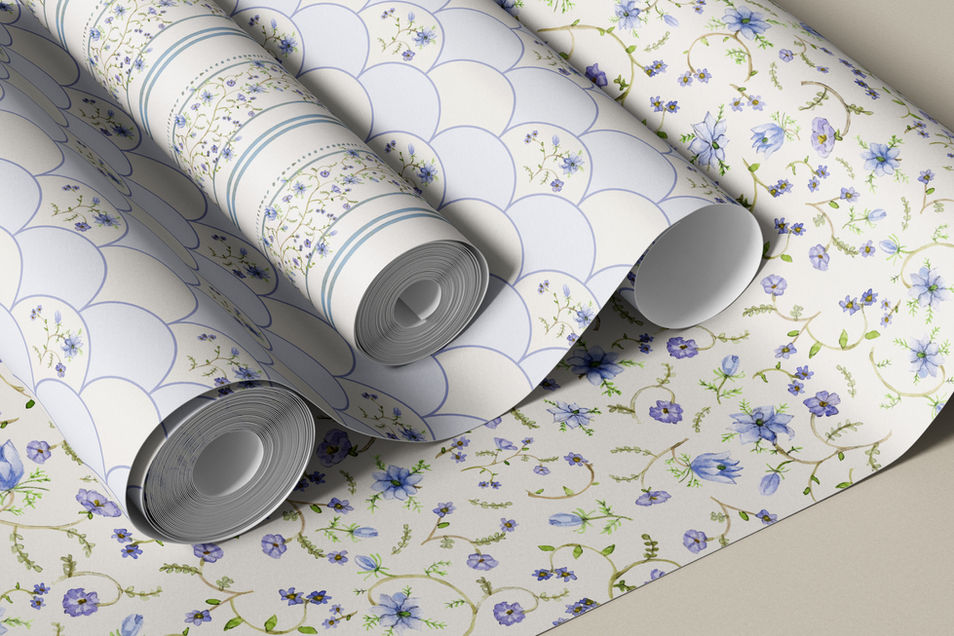 3 wallpapers with watercolor florals, stripes, scallops and tossed