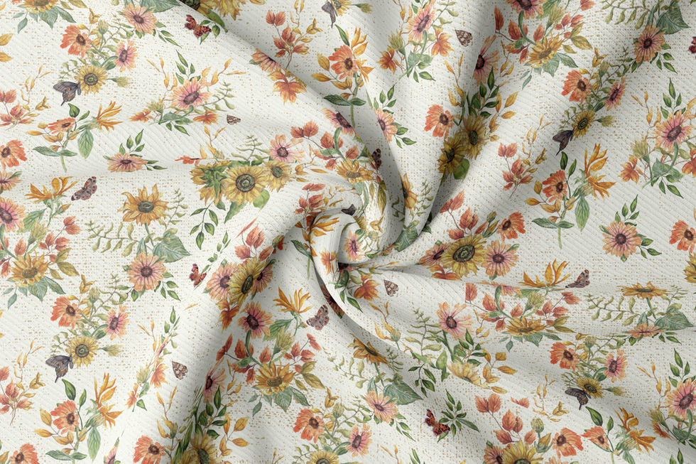 sunflowers, butterflies, watercolor illustration, fabric, textile